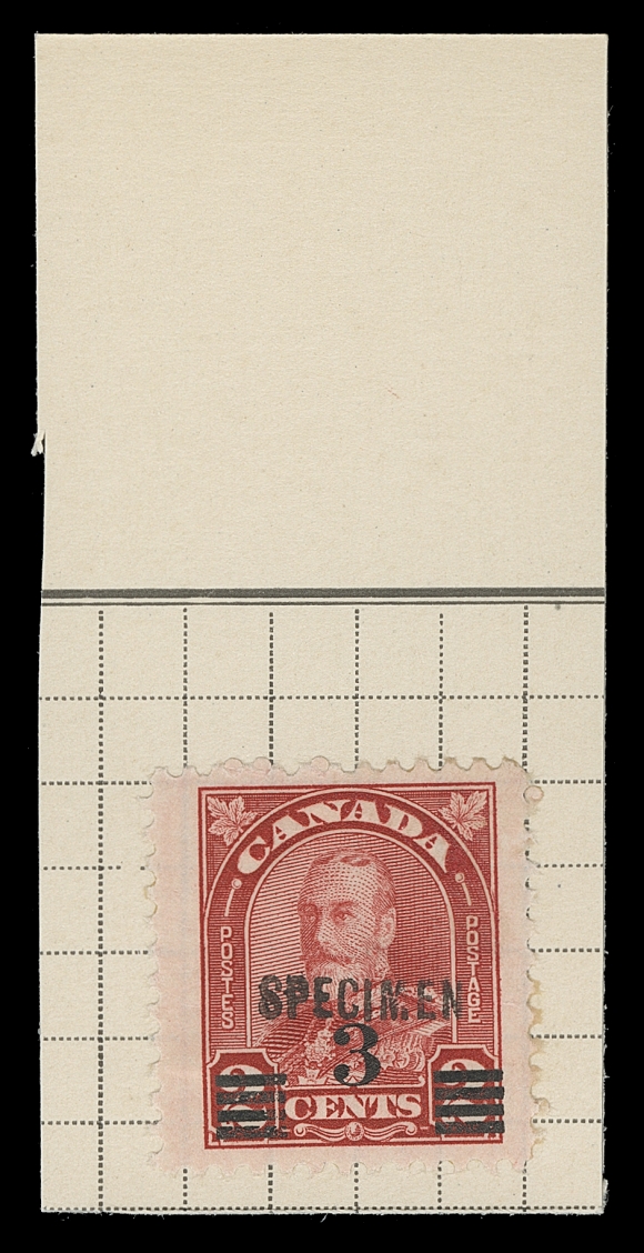 CANADA  166, 167, 190, 191,Along with 1931 3c red, 10c George Etienne Cartier and 3c on 2c red, Die II Arch issues; four different unused single affixed to individual piece of archival ledger, handstamped "SPECIMEN" (sans-serif 13x2.5mm lettering) by Tunisian Receiving Authority, F-VF; ex. the Tunisian Post Office archive. Unique. Photocopy of 2015 BPA cert. for whole archive ledger page from which it originates