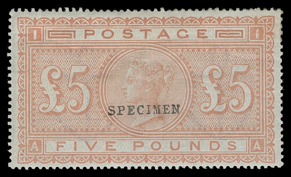 GREAT BRITAIN  93a,A very well centered mint hinged example of this high value in the distinctive first printing, SPECIMEN handstamp in black, natural gum wrinkling at top as normally encountered, VF OG (SG 133s £3,000)