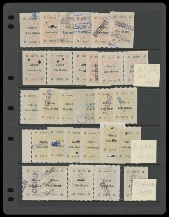 CANADA REVENUES (PROVINCIAL)  An impressive collection comprising of eight different plate reconstructions (of 12 subjects each) for a total of 96 stamps. Includes complete AL2, 3, 4, 7, 8, 10 (scarce), 13 and 16 including the scarce Fancy "L" varieties; complete plate reconstructions of these early Alberta Law Stamps are rarely offered, F-VF (Van Dam cat. $4,625)
