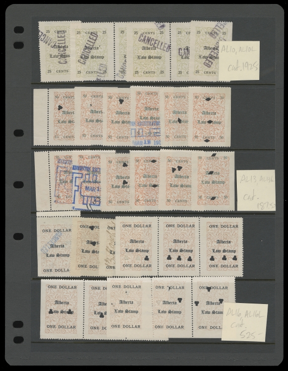 CANADA REVENUES (PROVINCIAL)  An impressive collection comprising of eight different plate reconstructions (of 12 subjects each) for a total of 96 stamps. Includes complete AL2, 3, 4, 7, 8, 10 (scarce), 13 and 16 including the scarce Fancy "L" varieties; complete plate reconstructions of these early Alberta Law Stamps are rarely offered, F-VF (Van Dam cat. $4,625)