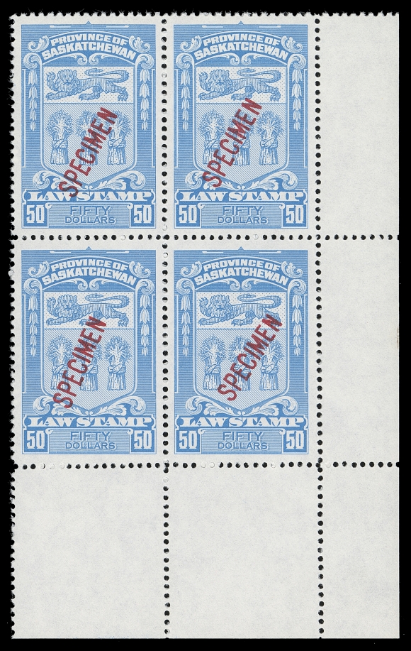 CANADA REVENUES (PROVINCIAL)  SL57-SL78,A lovely collection of 51 different mint blocks of four, each with sheet margin on one or two sides (some with plate imprint), with diagonal SPECIMEN overprint in red or security punch; various papers and gums included, thought to be a complete set of these, VF NH (Van Dam cat. $4,376 as normal stamps)