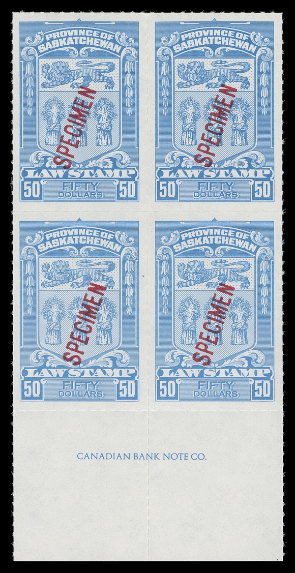 CANADA REVENUES (PROVINCIAL)  SL57-SL78,A lovely collection of 51 different mint blocks of four, each with sheet margin on one or two sides (some with plate imprint), with diagonal SPECIMEN overprint in red or security punch; various papers and gums included, thought to be a complete set of these, VF NH (Van Dam cat. $4,376 as normal stamps)