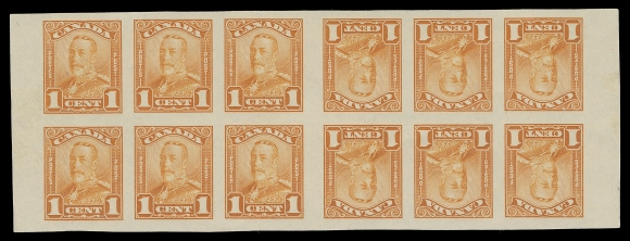 CANADA  149c, 150c, 153c,The set of three tête-bêche imperforate booklet panes with 4.5mm vertical gutter margins, each with bright fresh colour and devoid of the usual flaws often seen on these and NEVER HINGED. Rarely encountered in such premium condition, VF+ NH; each pane with 2021 Greene Foundation cert.