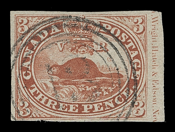 CANADA  4c,A marvelous positional example showing large portion of the imprint (Rawdon), Wright, Hatch & Edson, New (York) in right margin and displaying clear to full margins on other sides, excellent colour and in choice condition for this notoriously difficult printing on characteristic fragile paper, used with ideal light centrally struck four-ring 