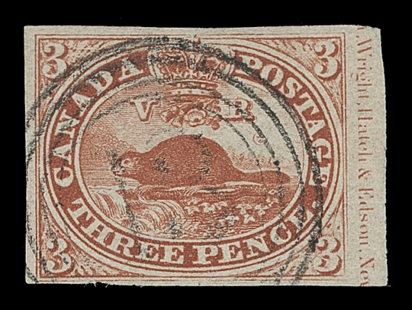 CANADA 4c,A marvelous positional example showing large portion of the imprint (Rawdon), Wright, Hatch & Edson, New (York) in right margin and displaying clear to full margins on other sides, excellent colour and in choice condition for this notoriously difficult printing on characteristic fragile paper, used with ideal light centrally struck four-ring