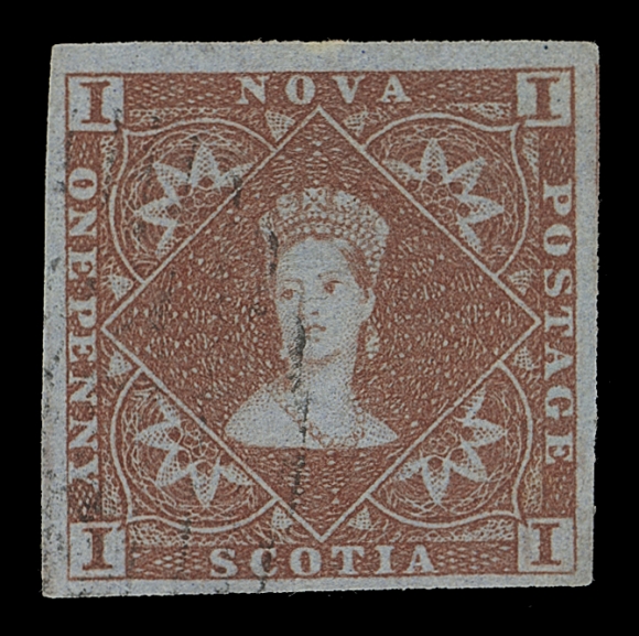 NOVA SCOTIA  1,An exceptional used single surrounded by superb size margins, uncharacteristic for this which had very tight spacing between stamps in the sheet, deep luxurious colour on pristine blue paper, very light oval mute grid cancellation, XF GEM; 2014 Greene Foundation cert.