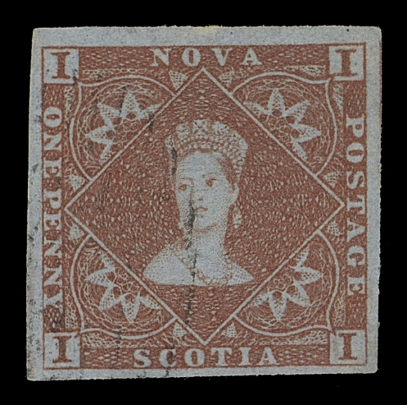 NOVA SCOTIA 1,An exceptional used single surrounded by superb size margins, uncharacteristic for this which had very tight spacing between stamps in the sheet, deep luxurious colour on pristine blue paper, very light oval mute grid cancellation, XF GEM; 2014 Greene Foundation cert.