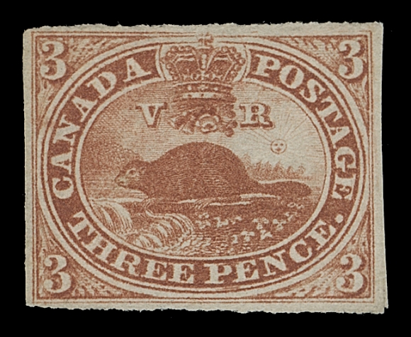 CANADA  4a, viii,A beautiful unused example with radiant colour on fresh paper, showing a known Re-entry allocated to Pane A; Position 33 with characteristic doubling in and below "PE" of "PENCE", F-VF and very rare in unused condition; 1986 Greene Foundation cert. stating "4a, unused, showing re-entry, genuine..."