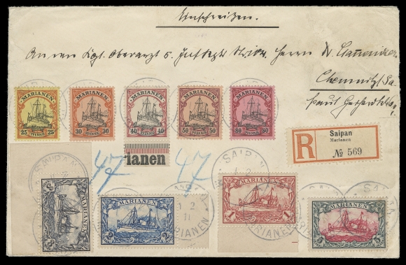 GERMAN COLONIES-MARIANA I  21-29,1911 (Feb. 1) Registered cover mailed from Saipan, bearing mid & high values 25pf to 5m Kaiser
