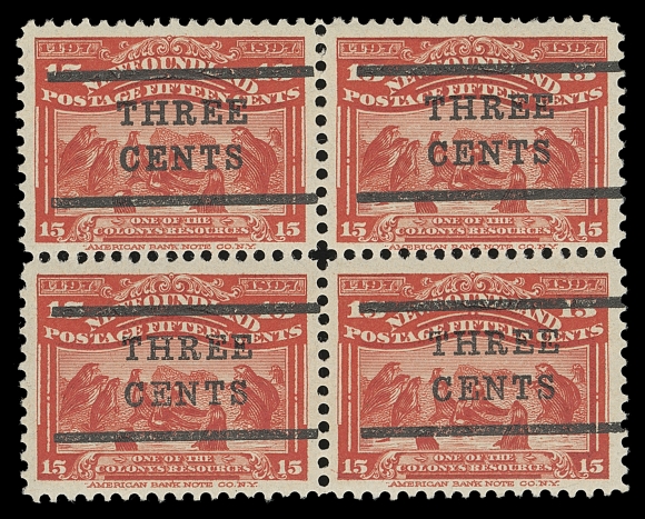 NEWFOUNDLAND  128,A very well centered mint block with bright fresh colour; an elusive multiple of this provisional surcharge type of which only 3,000 were issued, VF LH