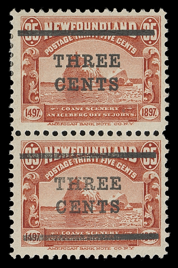NEWFOUNDLAND  130a,Mint pair (Pos. 15 & 20 in the setting of 25 subjects), top stamp with lower bar COMPLETELY MISSING, hinged at top, F-VFThe vast majority of existing "lower bar omitted" varieties show part of the bar. A very small number (in the last stages of surcharging this stamp) show the bar completely omitted.