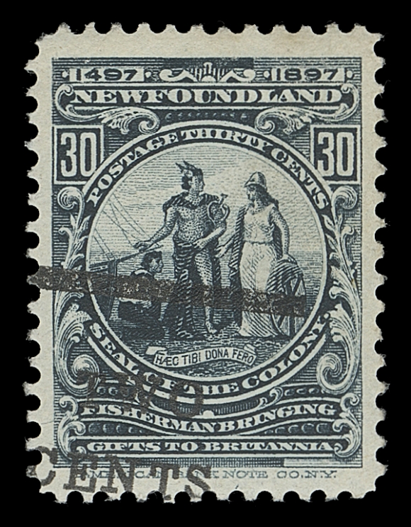 NEWFOUNDLAND  127ii,A well centered mint single showing a dramatic slanted shift of the surcharge, small toning spot on glazed gum, rarely offered, VF
