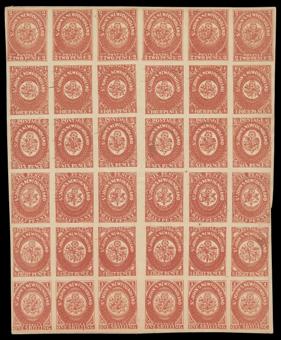 NEWFOUNDLAND FAKES AND FORGERIES  2/9,Three engraved Oneglia forgery sheets of 36 - consisting of six vertical se-tenantcolumns of 2p, 4p, 6p, 6½p, 8p & 1sh values, printed in orange and in red orange on thick cream unwatermarked paper, the third sheet printed in dark brownish red on thin hard paper with watermark. Well-executed forgeries, scarce in full sheets.