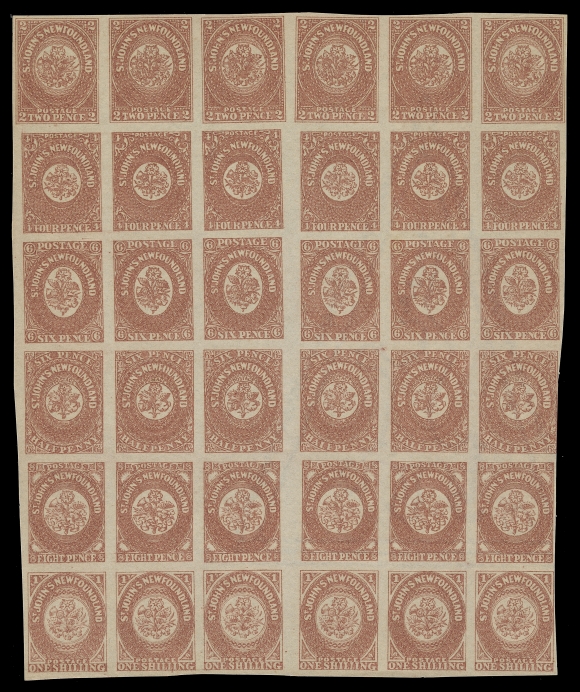 NEWFOUNDLAND FAKES AND FORGERIES  2/9,Three engraved Oneglia forgery sheets of 36 - consisting of six vertical se-tenantcolumns of 2p, 4p, 6p, 6½p, 8p & 1sh values, printed in orange and in red orange on thick cream unwatermarked paper, the third sheet printed in dark brownish red on thin hard paper with watermark. Well-executed forgeries, scarce in full sheets.