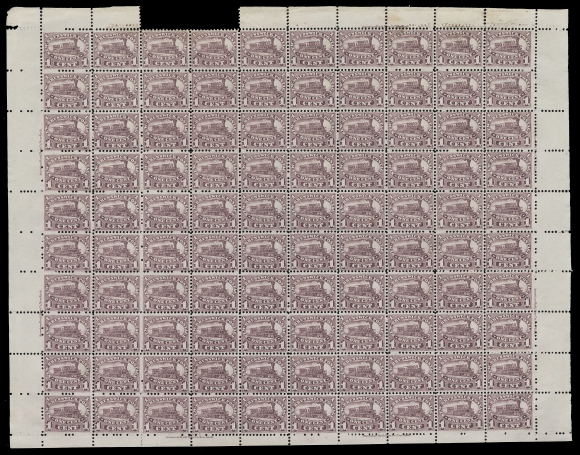 NEW BRUNSWICK  6,Full unused sheet of 100 stamps, intact apart from small portion of selvedge at top, quite well centered and showing seven ABNC plate imprints; small staining at top mostly visible from the back. A very elusive and appealing sheet of the One cent   Locomotive, VF