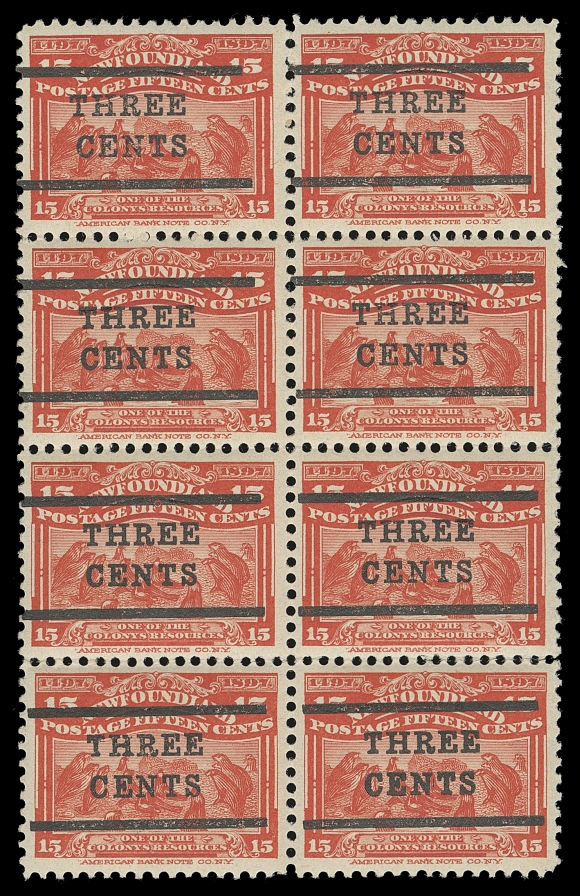 NEWFOUNDLAND  128,A well centered mint block of eight (2x4), partial separation between third and fourth rows, full original gum, never hinged; multiples larger than blocks of four are rarely encountered, VF NH. Also includes mint blocks of eight of #127 (glazed OG), 129 NH, 130 (light dist. OG). Catalogue value reflects the key #128 NH block of eight only.