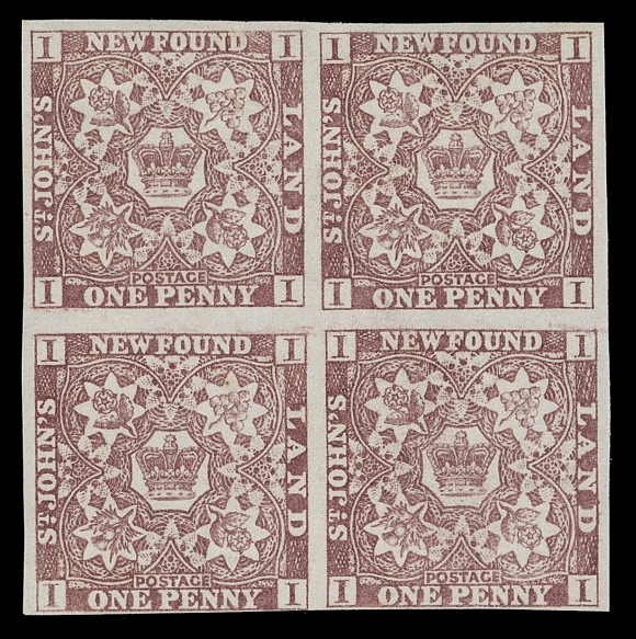 NEWFOUNDLAND  1,A brilliant fresh mint block of four, just clear at foot to mostly large margins, very full dull white original gum with the lower pair NH, F-VF VLH