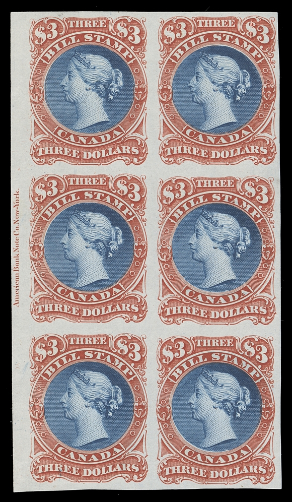 CANADA REVENUES (FEDERAL)  FB36,An attractive left margin plate proof block of six in the issued colours on india paper, showing full ABNC imprint and a prominent Re-entry on the right centre stamp with doubling in upper left "3", "BI" & "M" of "BILL STAMP" and circular buckle, VF