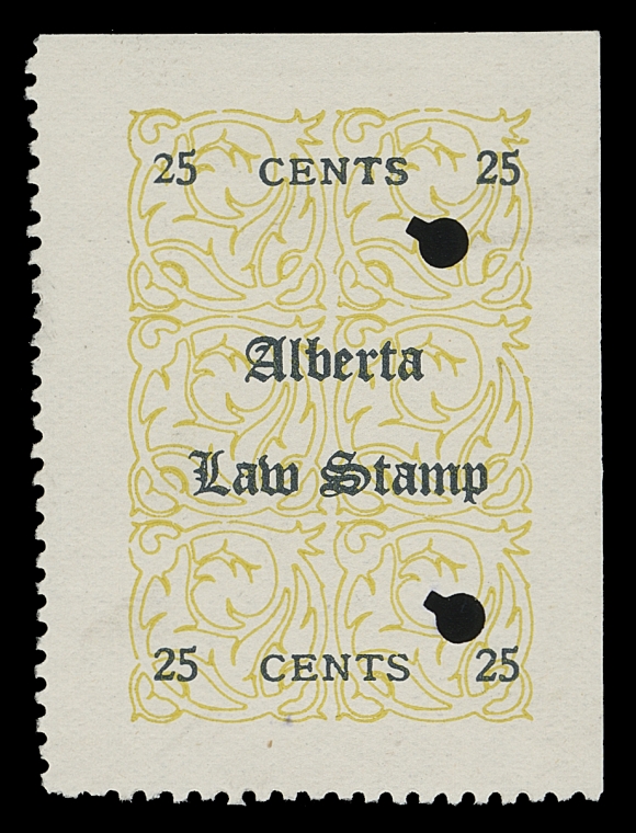 CANADA REVENUES (PROVINCIAL)  AL8 Plate II,The very rare revenue stamp originating from Plate 2 (Bileski) with background print composed of six scroll blocks facing north east instead of south west (Plate 1); scarcer than the elusive 25c grey (black), which coincidentally was also printed with Plate 2 background. This type on the 10c yellow has been documented as early as 1922 by Senator Calder (Collectors Club of New York, Vol. 1, No.4, page 138-145) as Type III and assigned its own number in his Reference List (No. 8). Showing small "2" in upper left "25" (Position 3). According to Bileski only five examples (one mint and four used) exist, an outstanding item for an advanced revenue collection, VF (Unlisted in Van Dam; Zaluski ABL10Z2 with rarity factor "ER" - extremely rare)