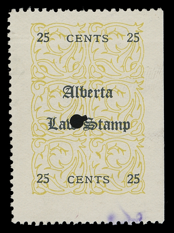 CANADA REVENUES (PROVINCIAL)  AL8 Plate II,A second example of this great rarity originating from the Plate 2 (Bileski) where the background print is composed of six scroll blocks facing north east instead of south west (Plate 1); see Lot ___ for additional notes pertaining to this very rare stamp. Light horizontal crease at top is of little consequence as this is one of only five examples Kasimir Bileski was able to find in his exhaustive research on the Alberta First Issue Law Stamps - a wonderful showpiece for an advanced collection, an attractive lightly cancelled example, VF (Unlisted in Van Dam; Zaluski ABL10Z2 with rarity factor "ER" - extremely rare)
