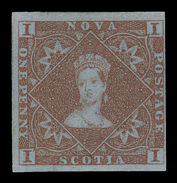 NOVA SCOTIA  1,An appealing unused example of this classic stamp, margin well clear at right and enormous margins on three sides with portion of adjacent stamp at left, owner