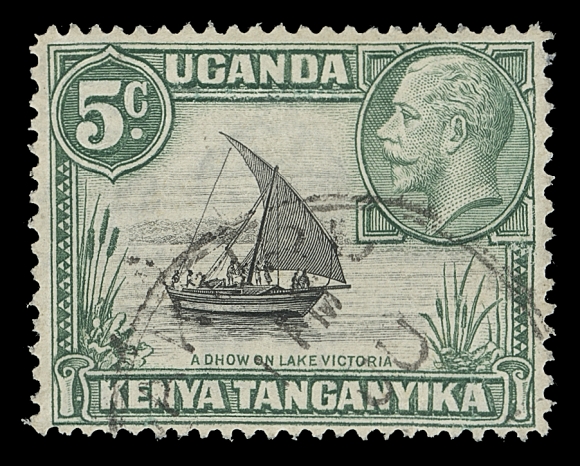 KENYA, UGANDA, TANGANYIKA  47b + variety,A bright used single showing left rope not joined to sail, light CDS postmark, F-VF (SG 111b + variety £950)This stamp shows a printing variety - frame double, one albino. Not listed on any of the 5c stamps, however, it is currently known (and listed by Gibbons) on the 15c and 1sh of the same series. 