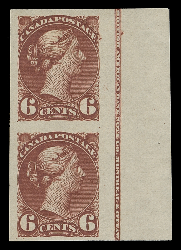 CANADA  43b + iv,A beautiful mint imperforate pair showing a large portion of the BABN imprint (Boggs Type IV from "A" plate), full original gum with top stamp hinged, lower stamp shows a documented Re-entry (Pane A; Pos. 60; Trimble Re-entry No. 5) with some doubling of letters in "POSTAGE", very attractive, VF; 2019 Greene cert. (not mentioning the plate variety)