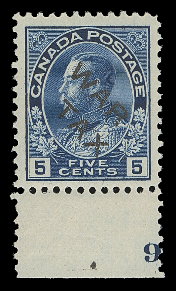 CANADA  MR2B,An unusually nice mint example of this notoriously difficult stamp, displaying superior centering, excellent colour on fresh paper, plate number "6" (inverted) in sheet margin, VF+ NH; 2019 Greene Foundation cert.