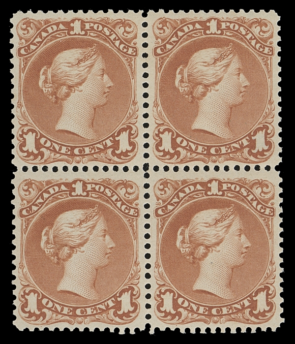 CANADA  22,An exceptional mint block in immaculate condition and rarely encountered thus, very well centered with superb colour on fresh paper, intact perforations all around and displaying pristine original gum, NEVER HINGED. Without question, one of the very finest of the few remaining blocks. A wonderful multiple of great appeal, VF NHExpertization: 2016 Greene Foundation certificateProvenance: J. Grant Glassco, February 1968; Lot 1324 - for block of 12 from which it originates                   "Lindemann" collection (private treaty 1997)                   Ron Brigham, February 2014; Lot 89