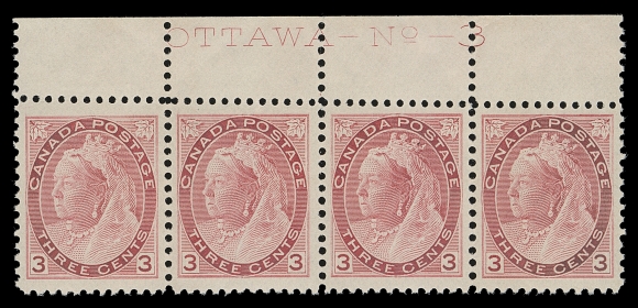 CANADA  78,An unusually well centered mint Plate 3 strip of four, large margined and in a brighter shade than normally seen; scarce in such choice condition, VF+ NH (Unitrade cat. $1,800 as four singles)