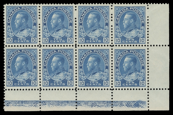 CANADA  117ii,A precisely centered, lower right mint block of eight showing stronger than normally encountered Type D lathework from 50-70% strength, negligible bend on top right stamp, brilliant fresh colour and full unblemished original gum. A wonderful lathework multiple, VF NH (Unitrade cat. reflects units of lesser strength - 40%)