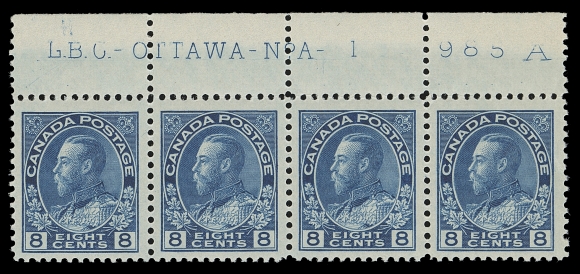 CANADA  115,A choice, well centered mint strip of four showing full Plate 1 inscription - lightly etched "H" visible above "LBC" characteristic of the upper left pane, VF NH (Unitrade cat. $720 as singles)
