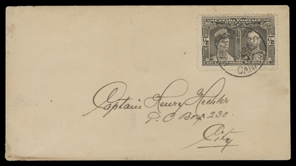 CANADA  1908 (August 26) Unsealed Hechler cover bearing very scarce single-usage of ½c black brown tied by neat Halifax CDS dispatch, addressed locally for intended periodical second class mail (effective until May 19, 1909), negligible corner stain at bottom left; a very elusive single-franking, F-VF (Unitrade 96)