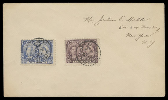 CANADA 1897 (September 10) Clean cover with 10c brown violet and 50c ultramarine, both neatly tied by London CDS dispatch and addressed to USA, VF (Unitrade 57, 60)