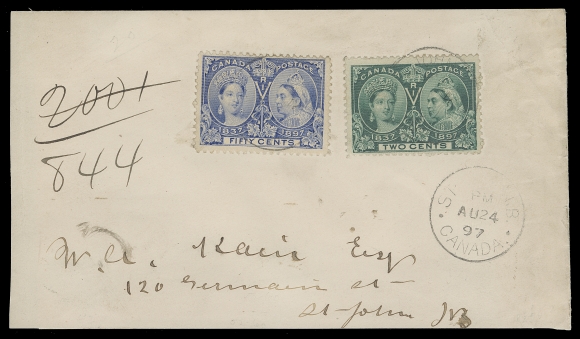 CANADA  1897 (August 24) Local registered cover, slightly reduced, overfranked with 2c & 50c Jubilee tied by light St. John NB CDS, third strike below, same day carrier marking on back, F-VF (Unitrade 52, 60) ex Vincent G. Greene (with his backstamp) 