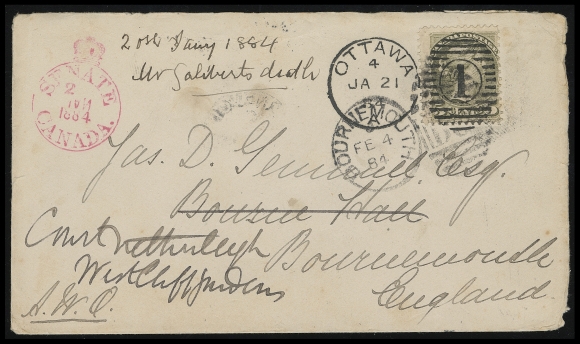 CANADA  1884 (January 21) Senate of Canada cover mailed to England, the free franking privilege did not extend outside Canada so postage was affixed - single 5c olive green, Montreal printing, perf 12 tied by superb Ottawa duplex cancel, at left clear Senate Canada "Crown" handstamp in PINK (Davis SP-1 var. unlisted colour), countersigned at lower left, addressed to Bournemouth with FE 4 receivers on front and back, attractive, F-VF (Unitrade 38) ex. Bill Simpson (Part III; October 1996), S.J. Menich (June 2000; Lot 140)