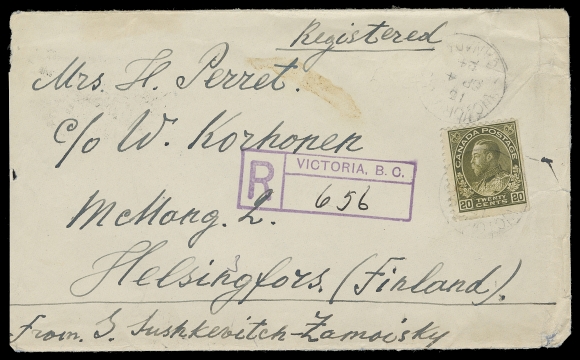CANADA  1924 (September 4) Registered cover from Victoria, BC to Finland with a single 20c olive green, wet printing, natural straight edges (Position 100), tied by light CDS dispatch, second strike above, neat Victoria boxed handstamp at left, superb Helsinki 26.IX.24 receiver on back. Cover slightly reduced and light wrinkling; pays the 10c UPU letter rate (first ounce) plus 10c registration. An appealing and very scarce single-franking & destination combination, F-VF (Unitrade 119c)