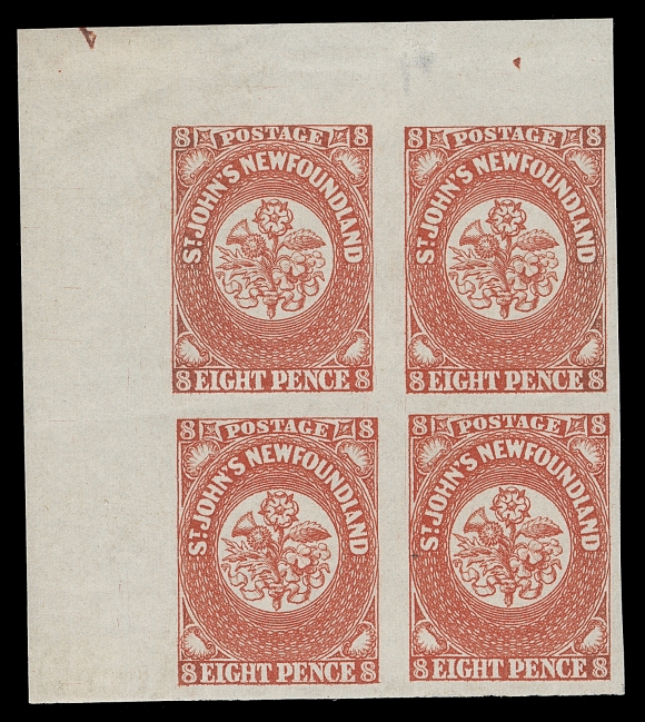 NEWFOUNDLAND  8,An appealing mint corner margin block with brilliant colour, small thin in top margin only, full dull white original gum associated with the 1857 issue; left pair lightly hinged leaving the right pair NEVER HINGED, VF+Expertization: 2016 Greene Foundation certificateProvenance: Josiah K. Lilly (Part VIII, May 1968; Lot 144)
