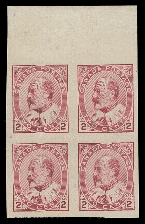 CANADA  90c,A very scarce imperforate block in a brighter shade found on this particular plate, ungummed as issued, small scissor cut at left between stamps, large margined including sheet margin at top, VF (Unitrade 90c)