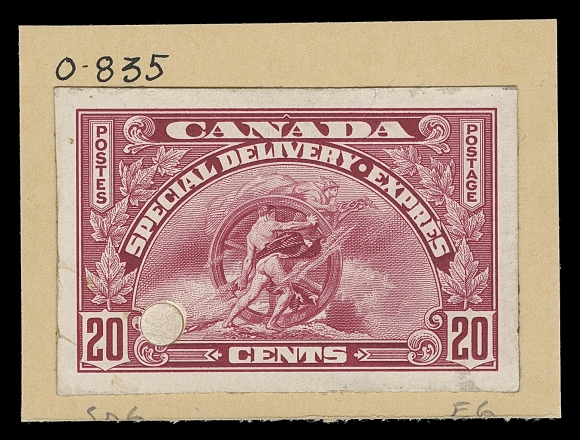 CANADA  E3, E6, E7, E8,Four different Canadian Bank Note archival die proofs - 1927 20c orange, 1935 20c dark carmine, 1938 20c carmine and 1939 10c green, all stamp size in issued or near-issued colours, individually affixed to small cards with archive security punch. A unique group ideal for an exhibit collection, Very Fine
