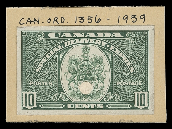 CANADA  E3, E6, E7, E8,Four different Canadian Bank Note archival die proofs - 1927 20c orange, 1935 20c dark carmine, 1938 20c carmine and 1939 10c green, all stamp size in issued or near-issued colours, individually affixed to small cards with archive security punch. A unique group ideal for an exhibit collection, Very Fine

