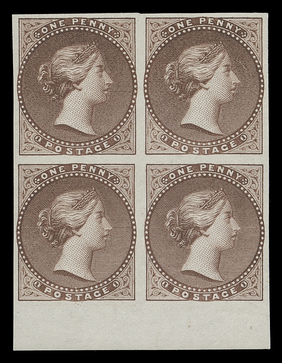 CANADA  Plate essay imperforate block of four printed in violet brown on medium horizontal wove paper, with sheet margin at foot. Blocks of four are rarely seen, XF (Minuse & Pratt E-Bb)