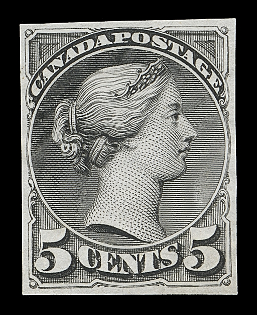 CANADA  38,Trial colour stamp size Die Proof printed in black on india paper, clear margins all around, remarkably fresh with the characteristic sharp impression associated with die proofs. It is now well-documented that plate proofs exist only in olive green; a rarely seen die proof, very few exist in this colour, VF
