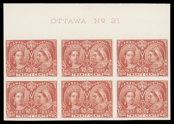 CANADA  59P, iii, iv,Plate proof block of six on card mounted india paper showing full "OTTAWA No. 21" plate inscription at top, upper left (Position 2) and lower centre (Position 8) proofs have the prominent & documented Re-entries. A great item for the specialist, VF