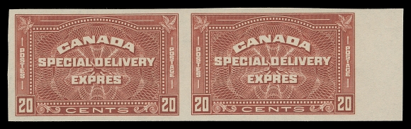CANADA  E5a,A premium quality, post office fresh mint imperforate pair with sheet margin at right, seldom encountered in such top-quality, XF NH