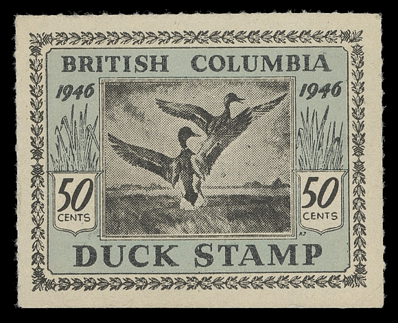 CANADA WILDLIFE STAMPS (PROVINCIAL)  BCD1,A fresh, well centered mint example of this sought-after Duck stamp, a key issue missing from even advanced collections, VF NH; 2016 Greene Foundation cert. (Van Dam cat, $5,000)