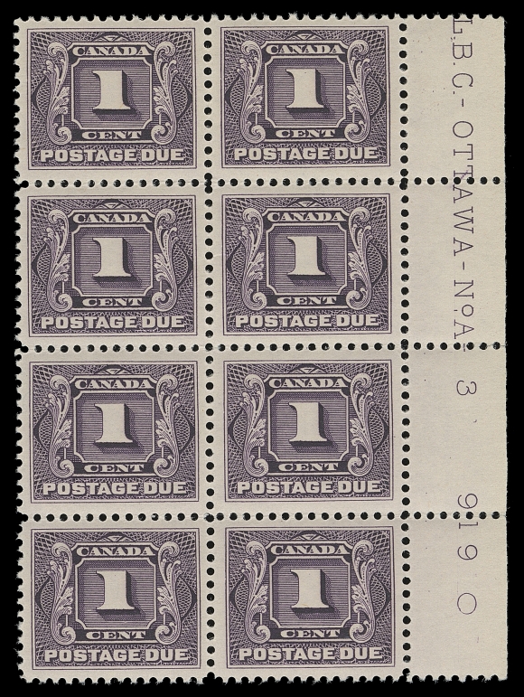 CANADA  J1c,A remarkably well centered mint Plate 3 block of eight displaying the full plate imprint (from LR pane) at right, light fold along perforations between rows, with rich colour and full original gum; plate multiples of these postage dues are seldom encountered this nice, VF-XF NH

