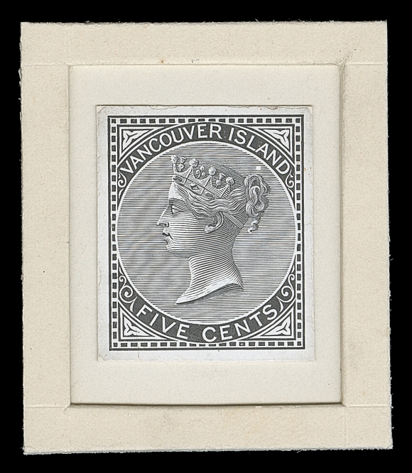 BRITISH COLUMBIA  3-4,De La Rue & Co. stamp size die proofs of both denominations, typographed in black on thick white glazed (enamel) surfaced card mounted on thick beveled card. An exceedingly rare set, VF (Minuse & Pratt 3TC2-4TC2) Provenance: Dr. R.V.C. Carr, Firby Auctions, January 2000; Lot 35 Eric Cawardine Francis, Robson Lowe Ltd., June 1976; Lot 1412 & 1413 Highlands Part One, Eastern Auctions, November 2018; Lot 6According to Gerald Wellburn, renowned author and Grand Prix winner for his fabulous British Columbia & Vancouver Island collection, only one other set exists. The latter was in his collection but in inferior condition (October 1988, Lot 1133; Hugh Westgate, Eastern Auctions June 2017; Lot 87). A FABULOUS SET OF VANCOUVER ISLAND COLONY DIE PROOFS - THE FINER OF ONLY TWO KNOWN SETS.