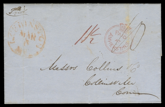 NOVA SCOTIA STAMPLESS COVERS  Folded lettersheet datelined "Minudie March 1st 1851", mailed prepaid from Amherst to Collinsville, Connecticut, bearing a beautiful proof-like impression of the scarce British "Crown" Paid at Amherst, N.S. handstamp in red, prepaid manuscript rates "11½" to the border and "10" from the US border to Connecticut. Clear Amherst MR 1 dispatch, Sackville, NB MR 2 and St. Andrews, NB MA 5 1851 transit backstamps, mostly clear Robbinston, ME MAR 6 transit on front; light file folds, VF cover with an XF British "Crown" Paid strike (Unitrade cat. $1,000+; SG CC1 £1,000)