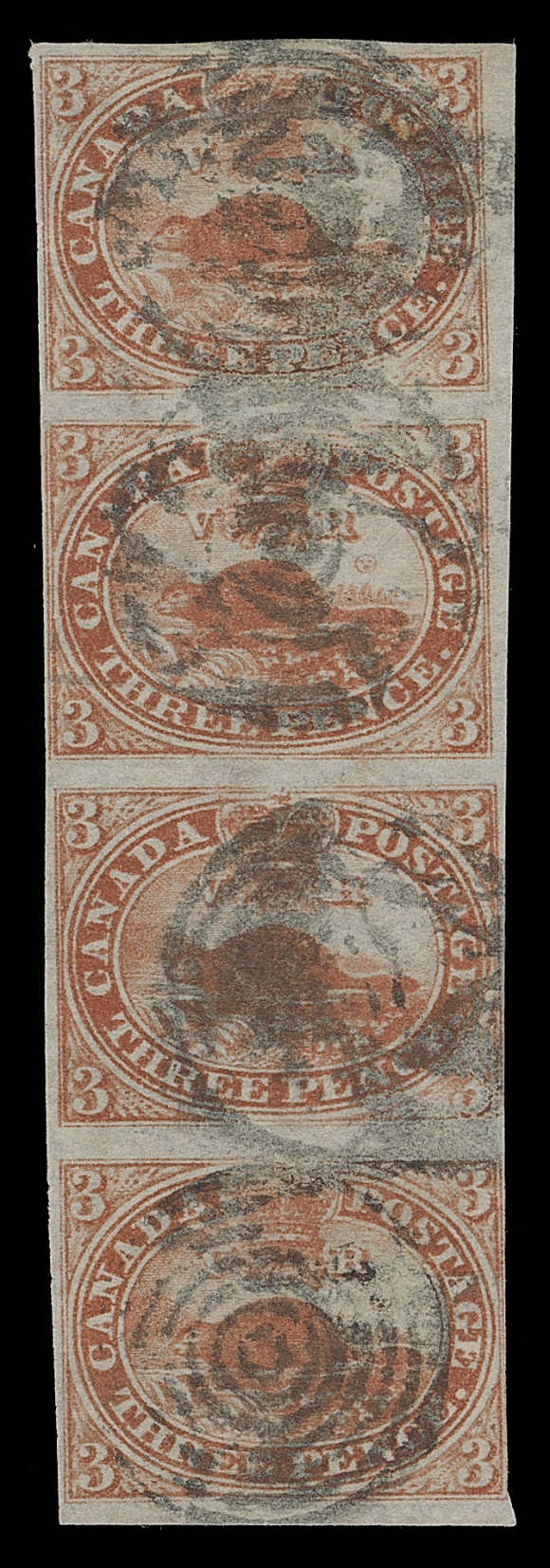CANADA 4d,A scarce used vertical strip of four, smudged concentric rings, large to barely clear margins, in sound condition which is quite unusual for this fragile paper; a very scarce multiple, Fine+
Winthrop Boggs handbook "The Postage Stamps and Postal History of Canada" on page 148 lists a rarity factor (multiplier) for a strip of four on thin paper as 60 times a used single on wove paper.